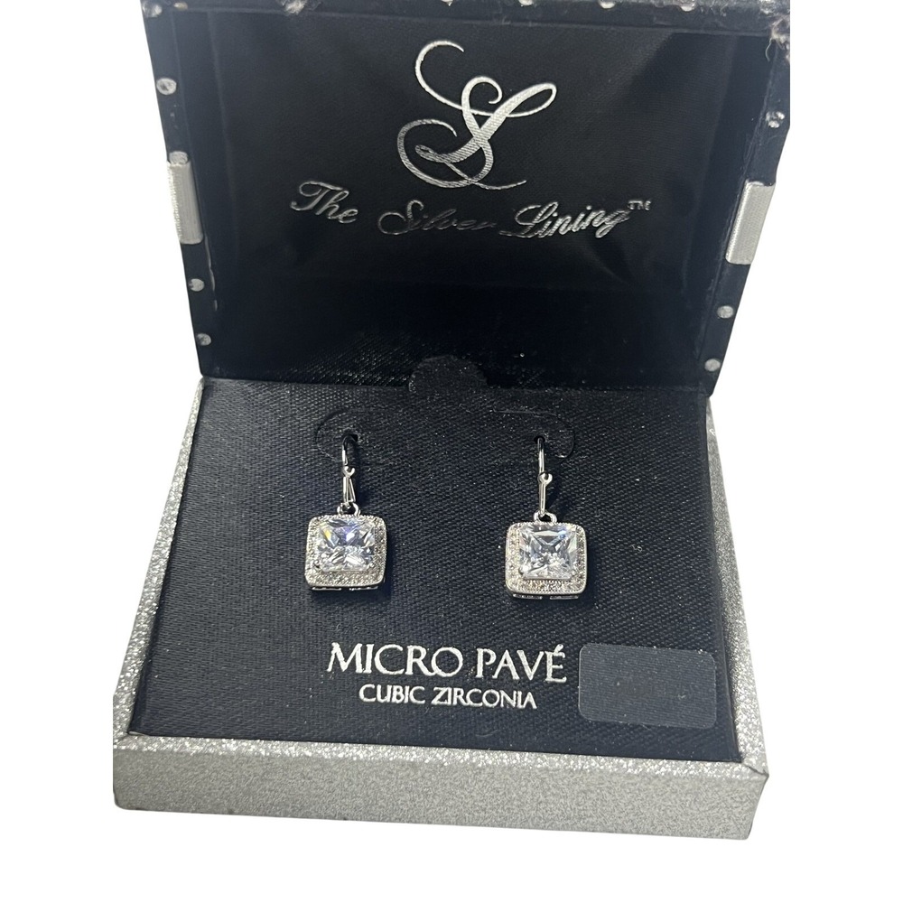 The Silver Lining Micro Pavé Cubic Zirconia Square Dangle Earrings CZ‎ Silver